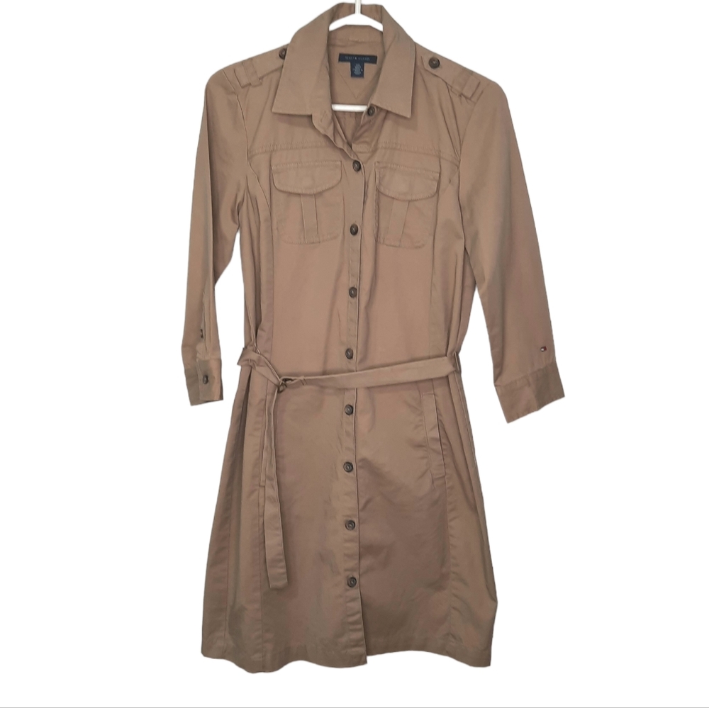 Tommy Hilfiger Khaki Shirt Dress Button Up Safari Pockets Belted Womens Size S